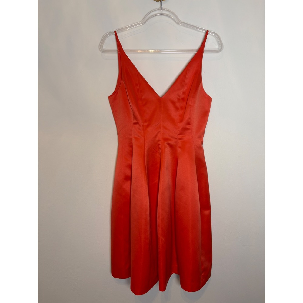 Belle Badgley Mischka Red Orange Satin V-Neck Fit & Flare Cocktail Dress Size 4